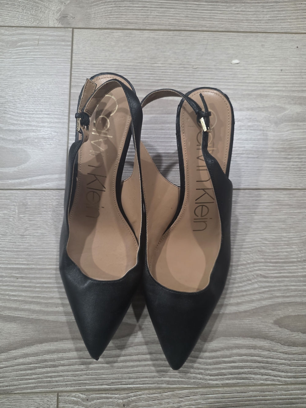 Calvin Klein Black Pointed Slingback Flats with Gold Buckle